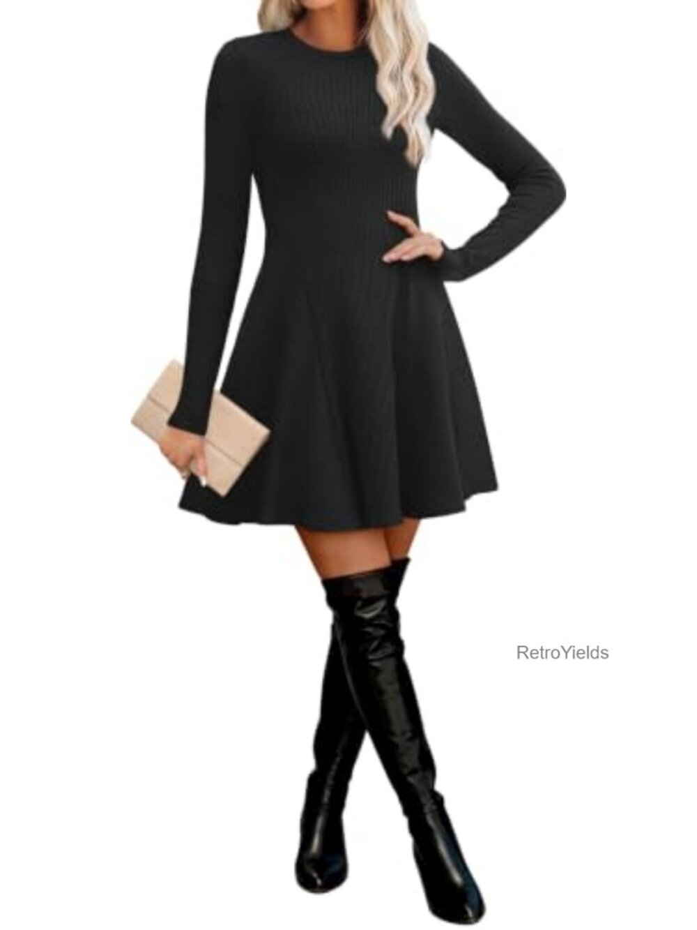 Ribbed Knit Long Sleeve Fit and Flare Dress